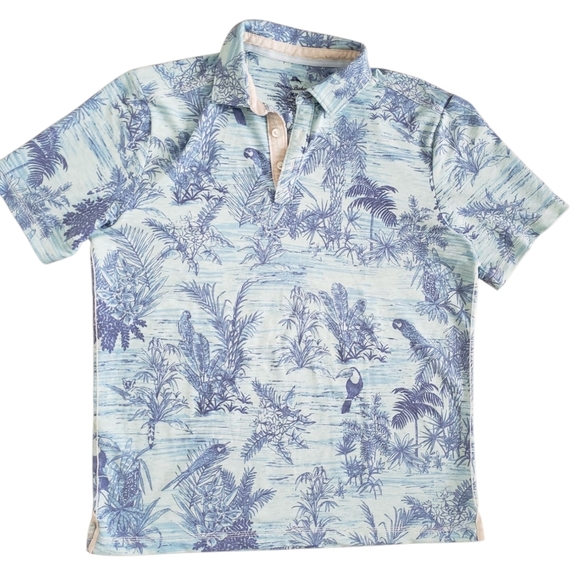 Tommy Bahama Blue Tropical Print Vacation Beach Polo Medium - Picture 1 of 3